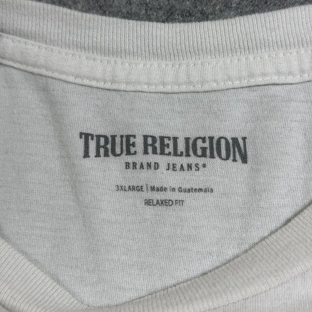 True Religion T Shirt Mens 3XL White Red Horseshoe Paint Logo Relaxed Fit Street